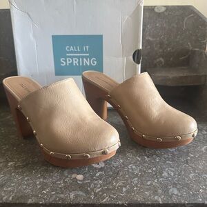Call It Spring Tan Mules with Wooden Platform